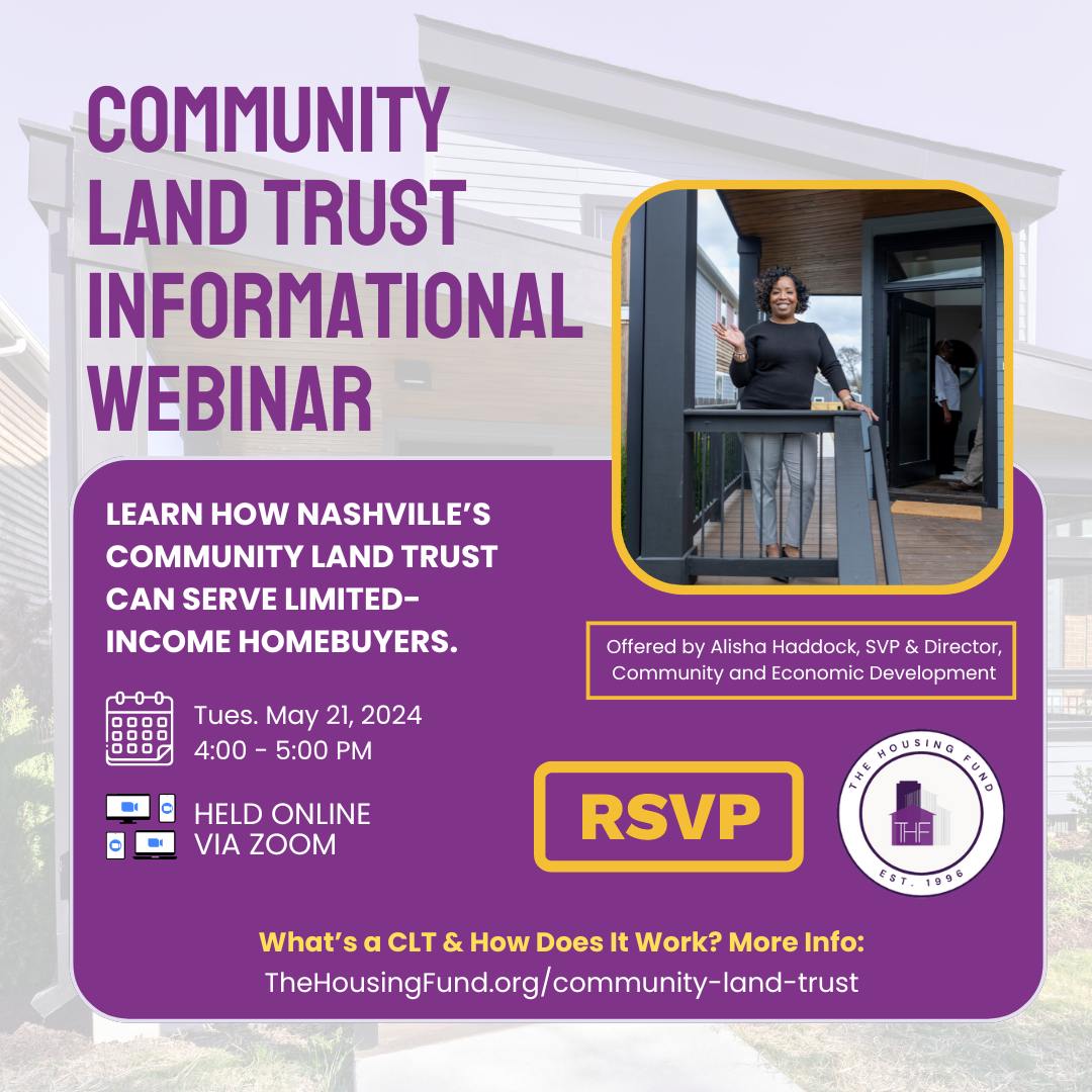 SAVE THE DATE! Qualifying, limited-income buyers interested in pursuing homeownership through Nashville's Community Land Trust program can join an Informational Webinar on Tues. May 21st! Held online via Zoom from 4:00-5:00pm CST.

REGISTER In Advance: zoom.us/meeting/regist…
