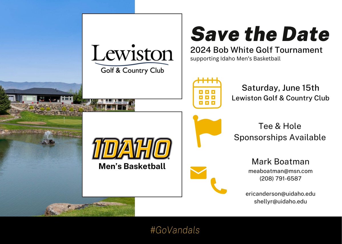Excited to announce the Bob White Classic is back! Join us for a day on the green on June 15th at the Lewiston Golf & Country Club. → eventbrite.com/e/vandal-baske… #GoVandals