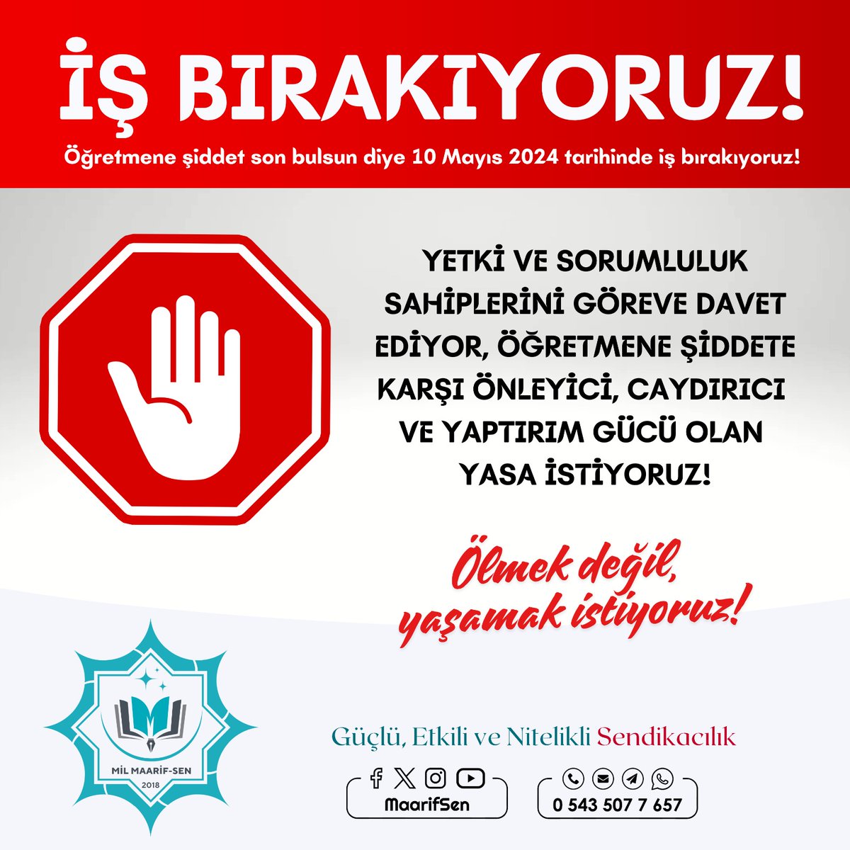 ÖLMEK İSTEMİYOR,
YAŞAMAK ve YAŞATMAK
İSTİYORUZ‼️‼️‼️
#10Mayıs'ta #işbırakıyoruz Hepimiz #eylemdeyiz‼️
#öğretmenHayattır #ÖğretmenlerİşBırakıyor <a href="/ogretmenlersyfs/">Öğretmenler Sayfası</a>
#SessizÇığlık haykırıyoruz:
#EğitimdeŞiddeteHayır MEB #MaarifSen
<a href="/msmdgsn/">Mustafa Dağaşan</a> <a href="/maarifsen/">Mil Maarif-Sen</a>