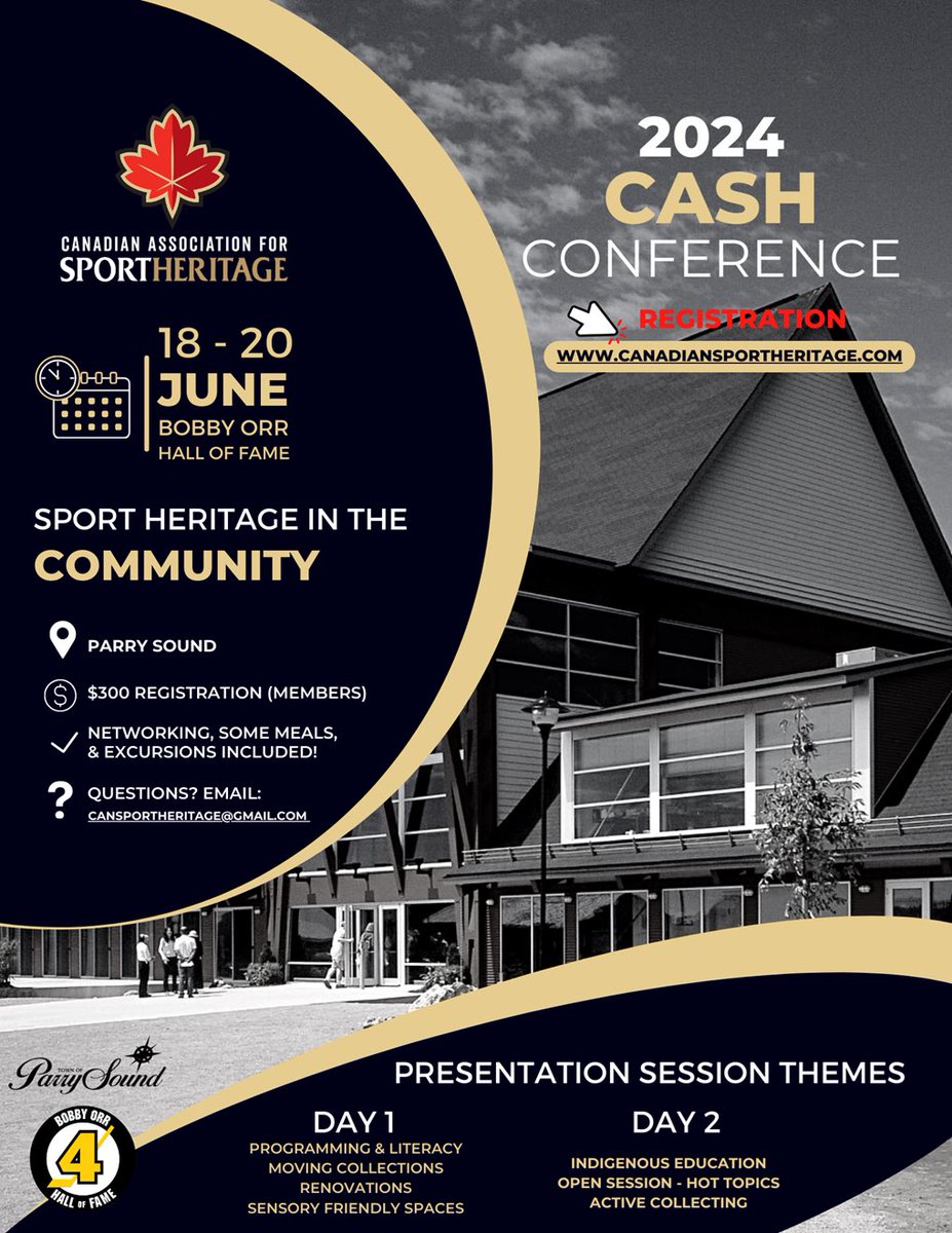 We hope you will join us for the 2024 CASH Conference, scheduled for June 18-20 at the Bobby Orr Hall of Fame in Parry Sound, Ontario! Read the full conference program, see hotel information, and register here: canadiansportheritage.com/conferences