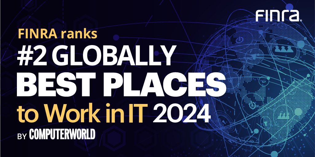 When it comes to best places to work in IT, @FINRA is globally ranked #2 among midsize companies. We're honored to be recognized as one of @Computerworld's Best Places to Work in IT 2024! Learn more: bit.ly/46xY0V8 #BestPlacesIT #FINRAFam