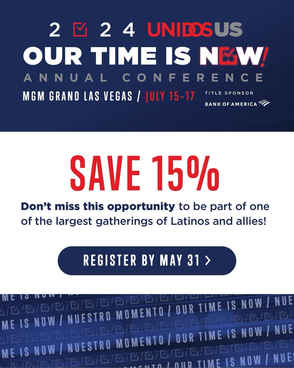 Save 15% on your registration for our Annual Conference in Las Vegas if you register now! Click the link below to take advantage of this rate before the price increases on May 31⬇️ #UnidosUS24 unidosus.org/conference/?&u…