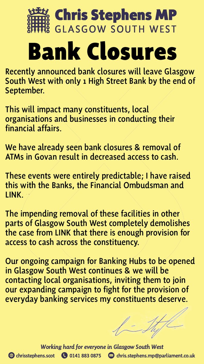 My statement following the announcement of the impending closure of the @TSB in Cardonald, which follows on from similar announcements by both @NatWestGroup (Royal Bank) & @BankofScotland @LGBplc, and closures of constituency cashpoints. @LINK_ATM_Scheme #ActiveSNP @theSNPMedia