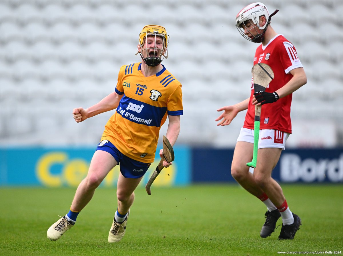 Liam Murphy of Clare celebrates his second goal against Cork during their Munster Minor Hurling Championship game at Pairc Ui Chaoimh. Photograph by John Kelly. The final score is @GaaClare 2-22 , @OfficialCorkGAA 0-19 @MunsterGAA #GAA
