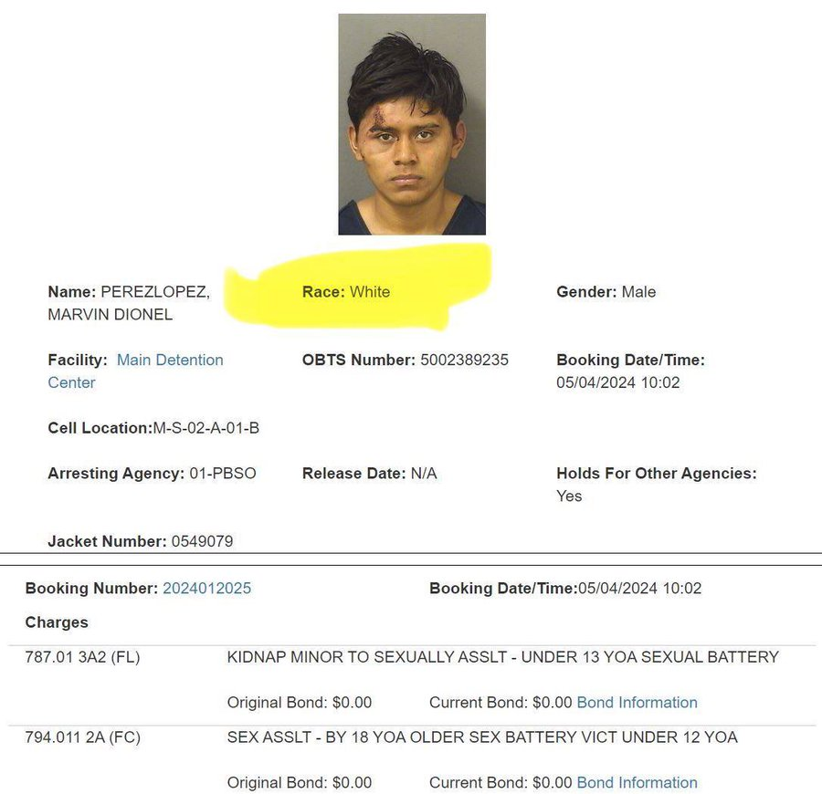 MT ALERT: Illegal alien who just r-ped a child listed as White on Jail registry. ❌- Palm Beach County Sheriff: Guatemalan Illegal, 'Was stopped by border patrol, released and made his way to South Florida. @MJTruthUltra Follow @MigrantTracker Covering what they won't.