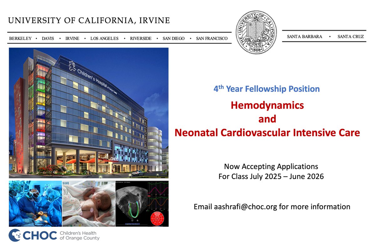 Excited to share, we are opening applications for our 4th year fellowship in #Hemodynamics and #NeonatalCardiovascularIntensiveCare at CHOC and UC Irvine. Class of 2025-2026. Please click link to see our brochure for more information. custom.cvent.com/80D97B4FF98045……