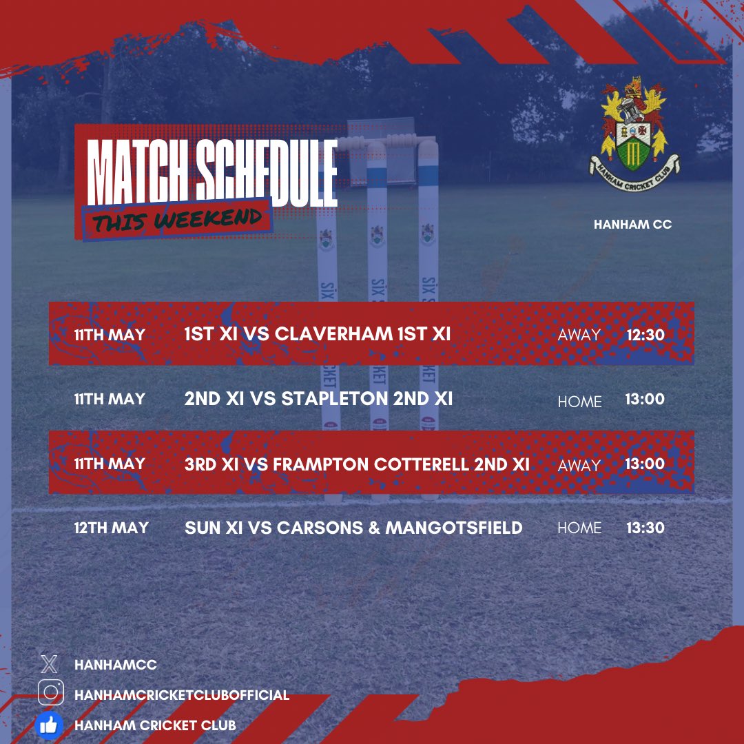 All 4 sides in action this weekend. Our Saturday sides look to put things right following a disappointing start to the season. Whilst the Sunday team look to get their first full game of the season in. 🔥 ☀️ 🏏 #hanhamcc #bristolcricket #villagecricket