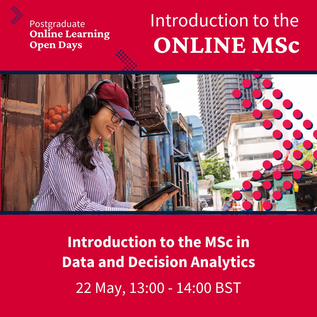 Join Douglas Alem, Programme Director, for a detailed look at what you can expect from the MSc in Data and Decision Analytics, followed by a live Q&A. 22 May, 13:00 - 14:00 Register now: edin.ac/2J8Imd8 #OnlineLearning #Postgraduate #OpenDays #UEBS #DataAnalytics