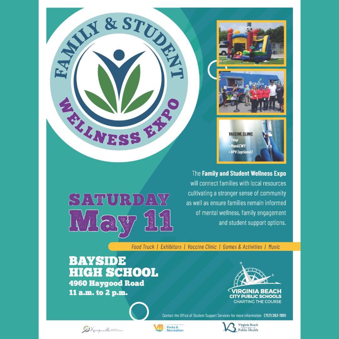 ➡️ Don't miss out on the 2nd Annual Family and Student Wellness Expo! 🎉 Join @vbschools this Saturday, May 11, from 11 a.m. - 2 p.m. at Bayside High School. Let's unite for mental health and wellness!🧠💚 Family and Student Wellness clinic info: drive.google.com/file/d/1zdv98g…