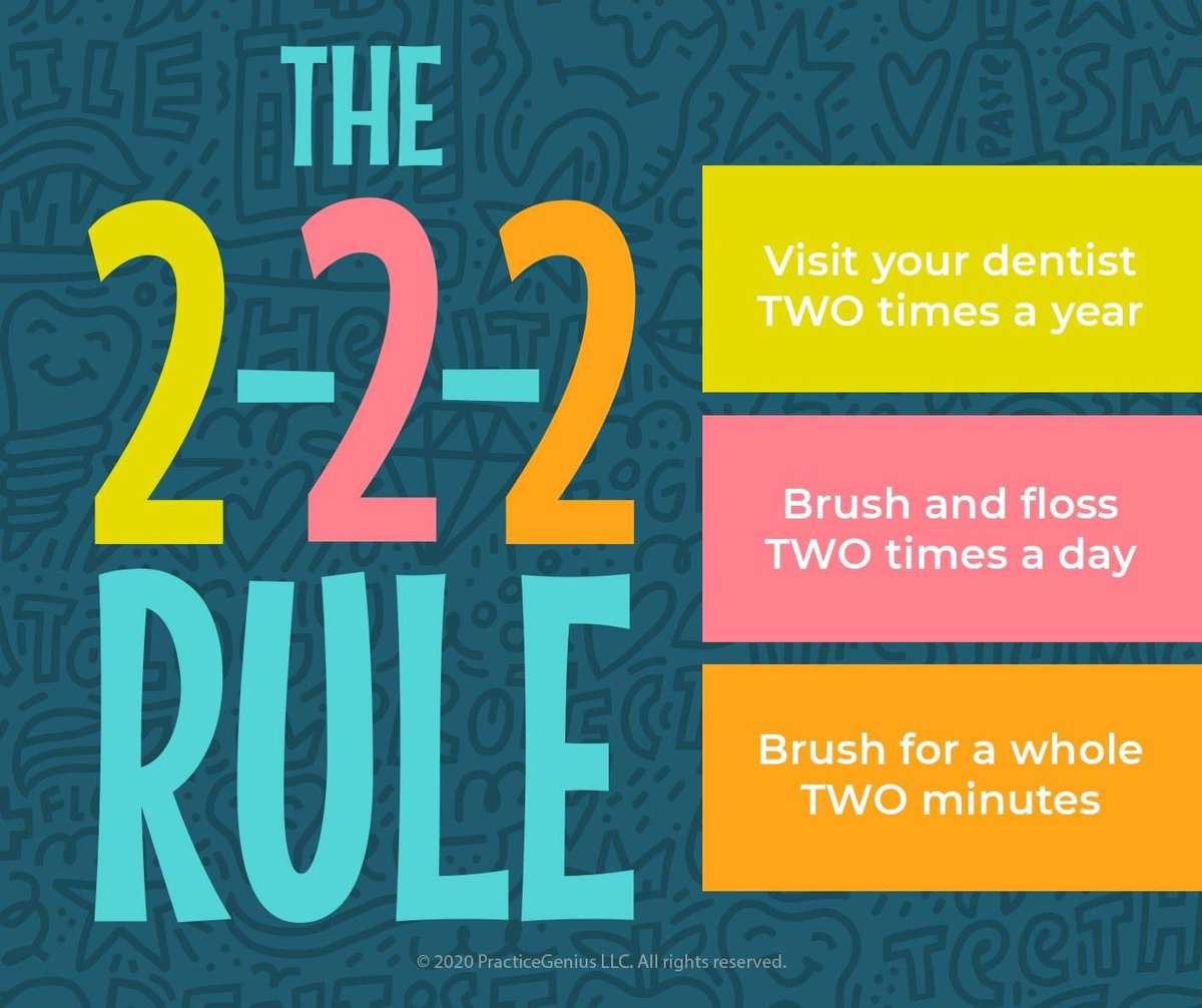 To get the most out of your #dental routine, you should adhere to the “2-2-2” rule: to brush your #teeth for 2 minutes 2 times a day and see your #dentist at least 2 times a year. This will help to keep persistent bacteria under control and your pearly whites #cavityfree!