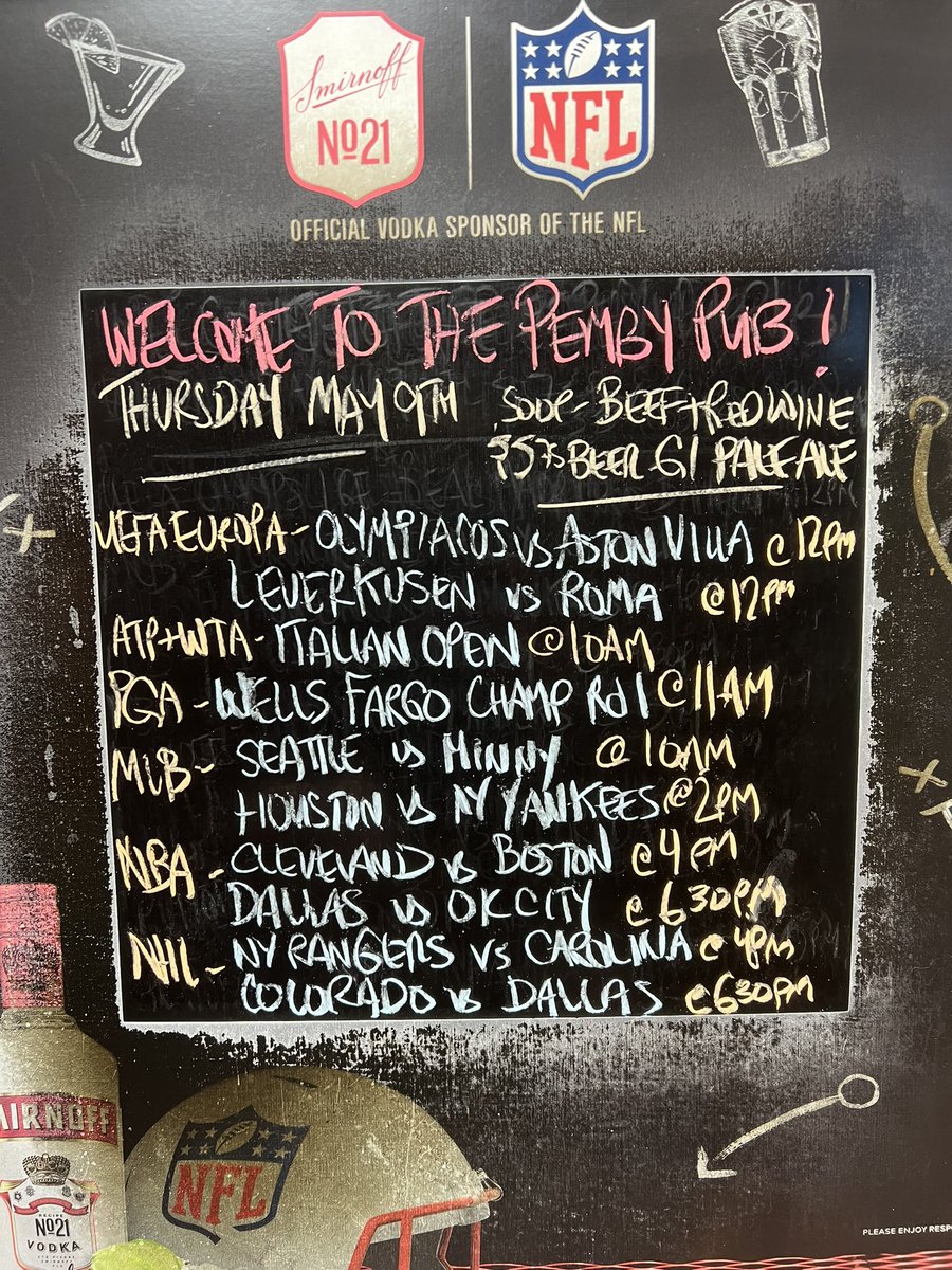 A great day to visit @ThePembyPub today. Soup is Beef & Red Wine stew. Join us for @EuropaLeague at noon @PGATOUR #WellsFargo rd 1 @MLB #NBAPlayoffs2024 double header at 4pm #StanleyCupPlayoffs double header at 4pm #pembypub #NorthVan #yourteamplaysatthepemby