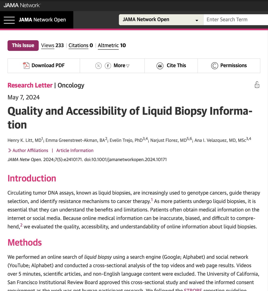 🚨Check out this excellent article on the quality and accessibility of #liquidbiopsy info in @JAMANetworkOpen 🚨Only 9% of videos were understandable! More work is needed to ⬆️pt health literacy on DNA assays--> liquid biopsies👏👏 👏👏 Link: jamanetwork.com/journals/jaman…