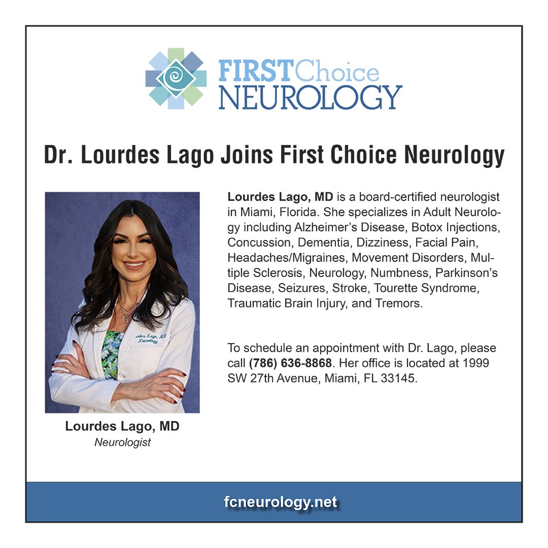𝗗𝗿. 𝗟𝗼𝘂𝗿𝗱𝗲𝘀 𝗟𝗮𝗴𝗼 𝗝𝗼𝗶𝗻𝘀 𝗙𝗶𝗿𝘀𝘁 𝗖𝗵𝗼𝗶𝗰𝗲 𝗡𝗲𝘂𝗿𝗼𝗹𝗼𝗴𝘆 She is a board-certified #neurologist in #miamifl. Call (786) 636-8868. fcneurology.net/business-direc… #Botox #Concussion #Dementia #Migraines #miami #neurologist #Neurology