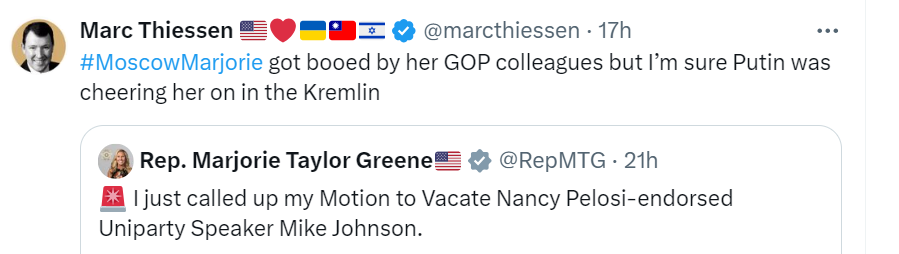 'MoscowMarjorie'
Marc Thiessen again reminding us all that while the neocons pretend to be serious thinkers, in reality they're just childish demagogues who throw verbal sh*t at anyone who refuses to go along with their war-fantasies.