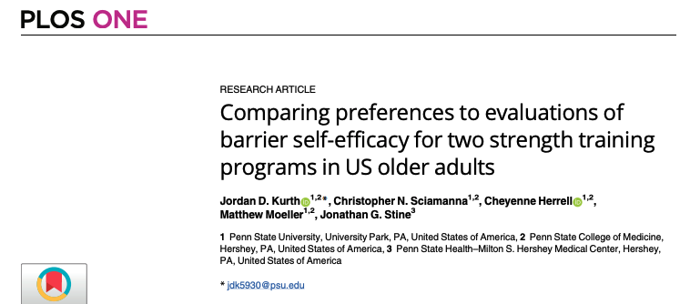 Honored to collaborate with @JordanDKurthPhD @sciamanna here @PSUresearch @PennStHershey to further the conversation regarding strength training in older adults Paper can be found here: journals.plos.org/plosone/articl…