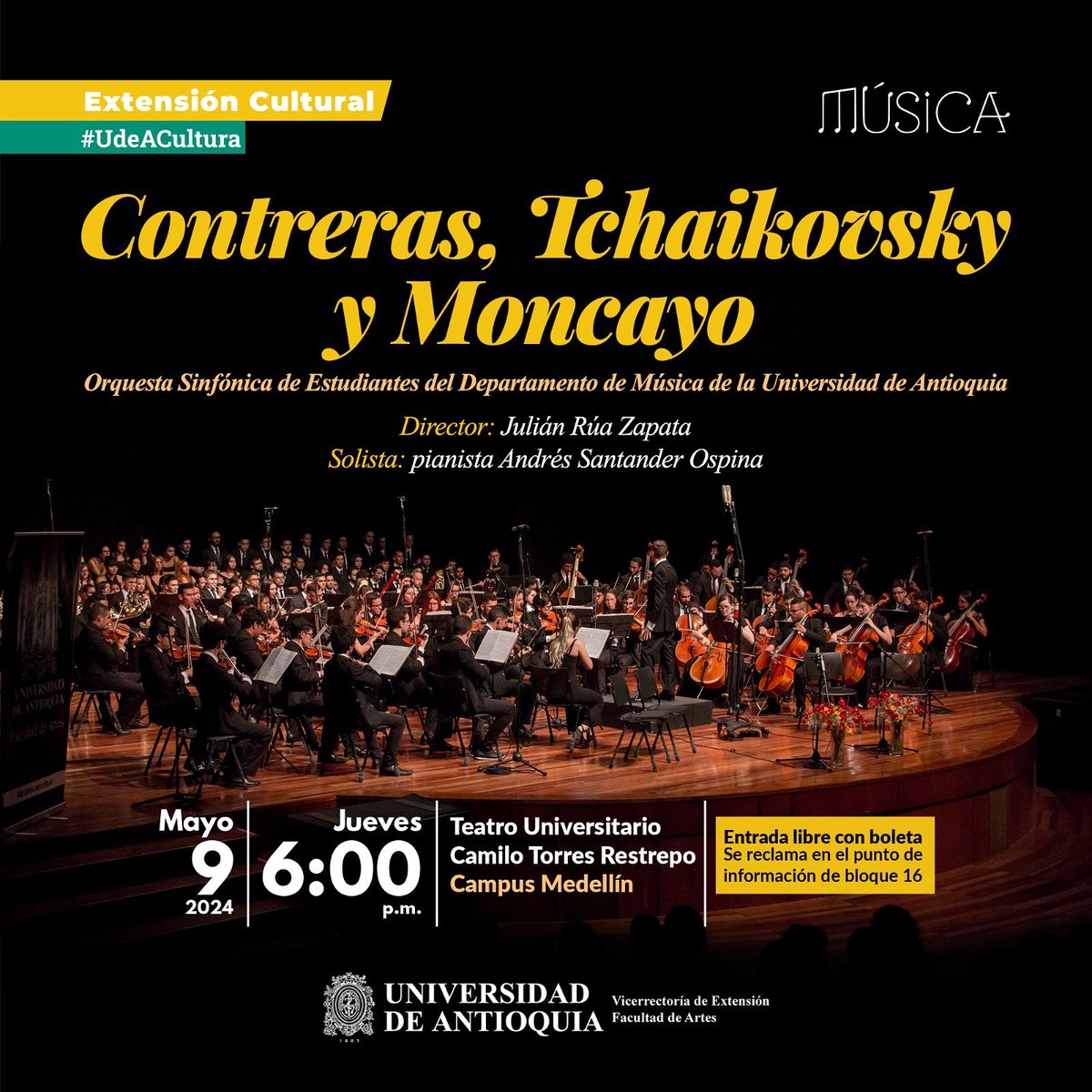 🎻Contreras, Tchaikovsky y Moncayo interpretados por la 𝗢𝗿𝗾𝘂𝗲𝘀𝘁𝗮 𝗦𝗶𝗻𝗳𝗼́𝗻𝗶𝗰𝗮 𝗱𝗲 𝗘𝘀𝘁𝘂𝗱𝗶𝗮𝗻𝘁𝗲𝘀 🗓️La cita es el jueves 9 de mayo a las 6:00 p.m. 📍en el Teatro Universitario. 🎟️La entrada es libre, con boleta. Más info aquí: 👉🏻bit.ly/OrquestaEstudi…