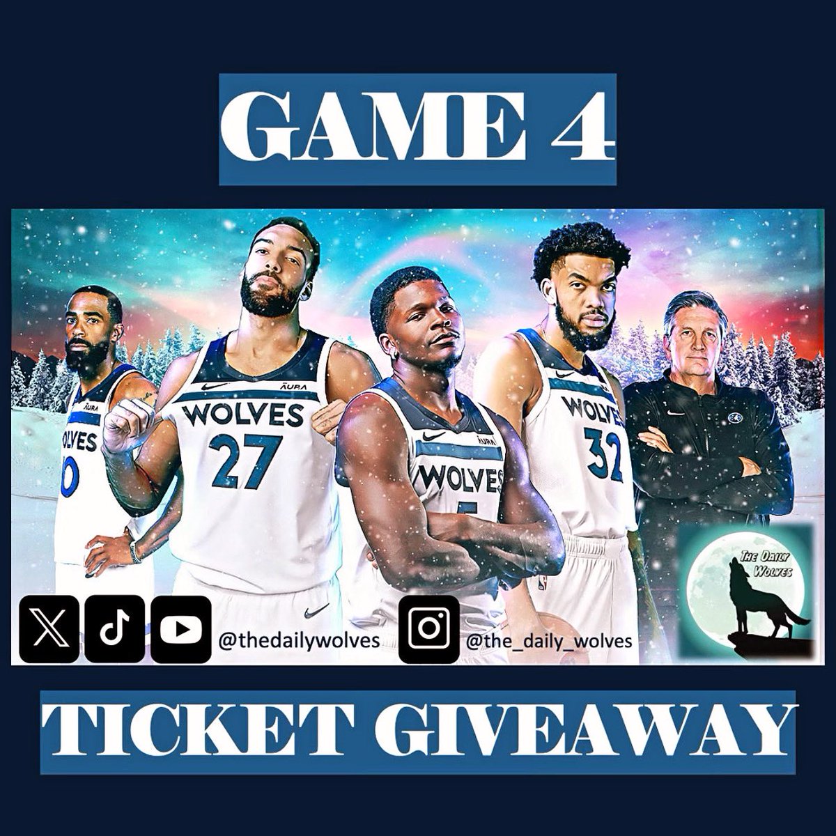 BIGGEST GIVEAWAY YET 🚨 Giving away a couple tickets to the Wolves vs Nuggets Playoff game this Sunday, May 12th at Target Center. You’ll be coming to the game with The Daily Wolves team. HOW TO ENTER: - Must be following - Repost/Like - Tag your plus 1 BONUS ENTRY: -…