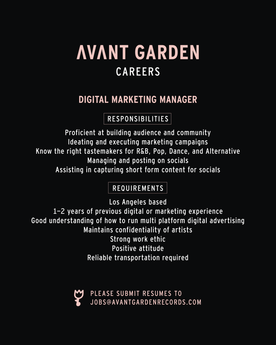 Job opp! 🚨 My friends @avantgarden, the forward-thinking LA-based label behind @EmotionalOranges, @thisisrory, and @Chiiild, are looking for a young, hungry Digital Marketing Manager. Great company. Great people. Tell 'em I sent you.