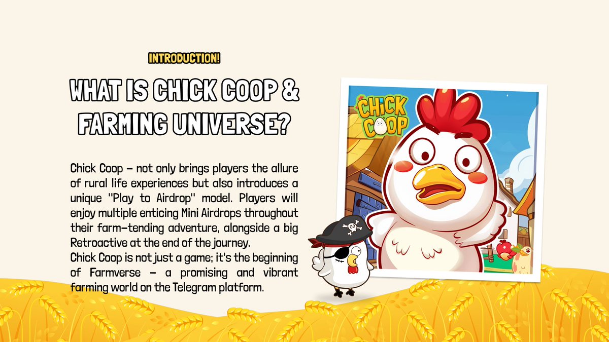 chickcoop_old's tweet photo. Hey Farmers 👨‍🌾
Let's explore Chick Coop - the first farm game on @ton_blockchain 💎

1. What is Chick Coop 🥚 ?

Chick Coop is the key to the future of Farming Universe on the Ton Blockchain 💎

- Play-to-Airdrop: Probably 🌖
- Early participants will have an advantage: Probably 🌖
- The community (farmers) is important: Definitely 🌕

2. Chick Coop Game-play 🕹️ ?

Hens lay eggs, eggs hatch into chicks 🥚 🔄 🐣

Farmers will have numerous options to develop their farm remarkably. 

3. How to get Air.... 📸 ?

Hint: We always respect our long-standing, hardworking farmers who dedicate themselves fully to their chicken farms 👀