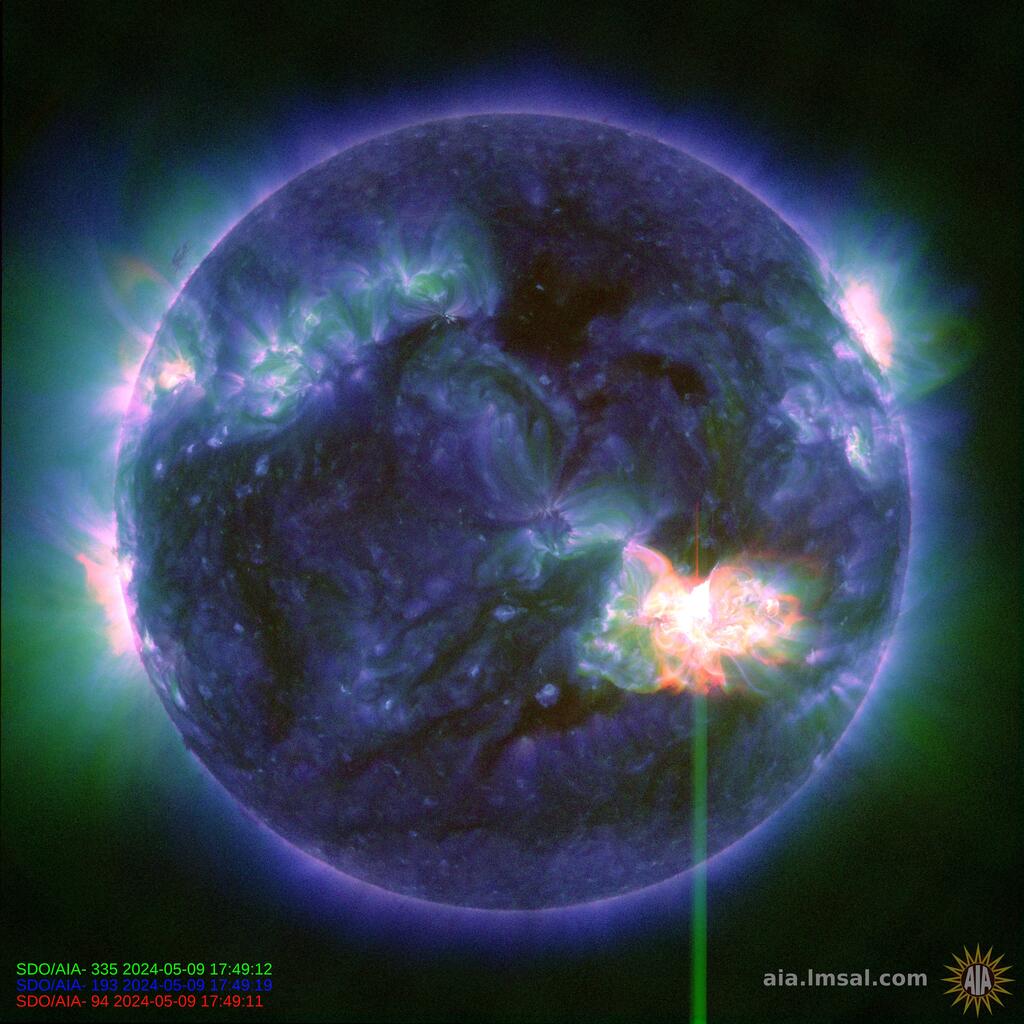 The Sun emitted a strong solar flare on May 9, 2024, peaking at 1:44pm ET. NASA’s Solar Dynamics Observatory captured a composite image of the event, which was classified as X1.1. go.nasa.gov/44EoNjg