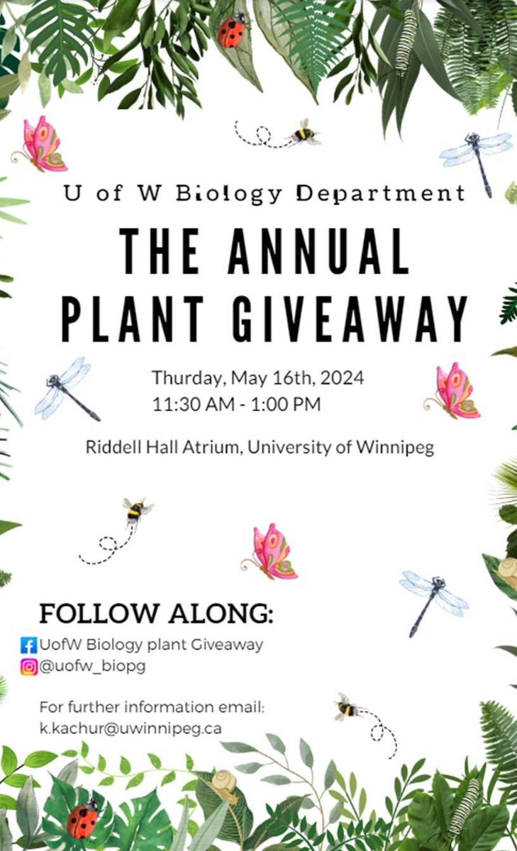 The #UWinnipeg Biology Department's annual Plant Giveaway returns next week! 🌱 Stop by the Riddell Hall atrium next Thursday, May 16 between 11:30 a.m. and 1:00 p.m. to receive a free seedling. There will be tomatoes, cucumbers, and peppers, as well as flowers and herbs!