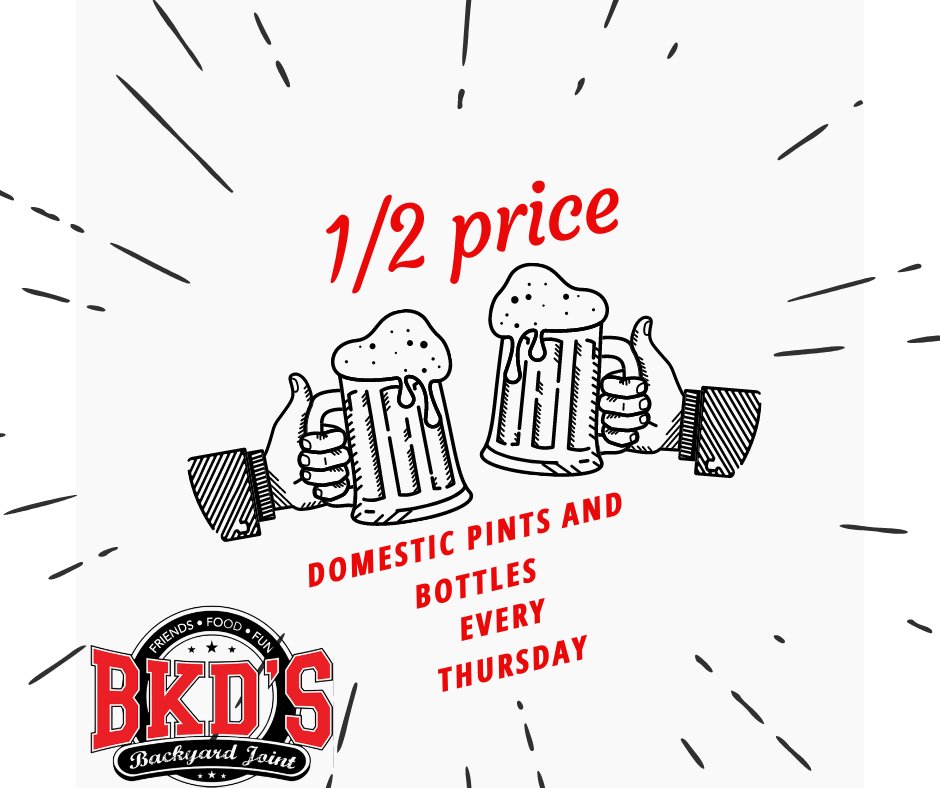 Thirsty? Good thing it's Thursday! Half price all domestic pints and bottles here at BKDS!

#BKDsChandler #chandler #gilbert #domestics #beer #halfprice