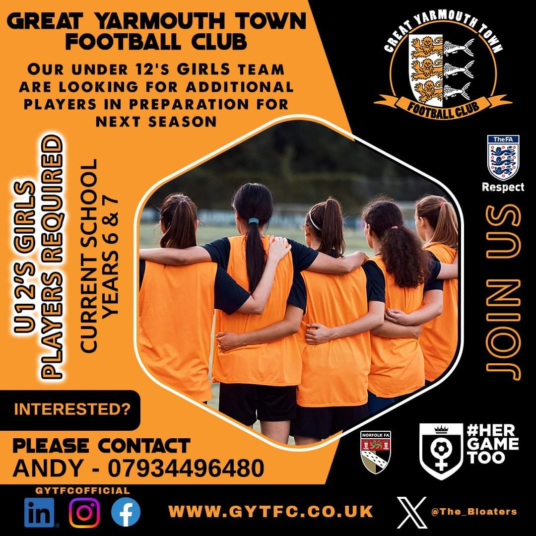 🧡🖤U12 GIRLS PLAYERS REQUIRED🖤🧡 We are a successful and well established current under 12 girls team looking to add experienced players to our squad for the 24/25 season (current school year 6 & 7) If your are interested please contact Andy on 07934496480 #HerGameToo