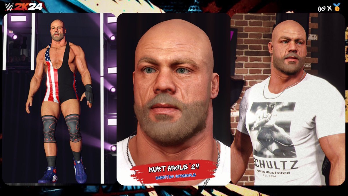 New upload to #WWE2K24 Community Creations 

Kurt Angle '24

Tag: OGXANGLE

Includes:
• Enhanced wrinkles & eyebags
• Blemishes 
• Beard to resemble recent look
• Updated eyebrows 
• 2023 Meme attire
• WM 35 attire by @GameVolt1 
• Can be set as an ALT

#WWESmackDown