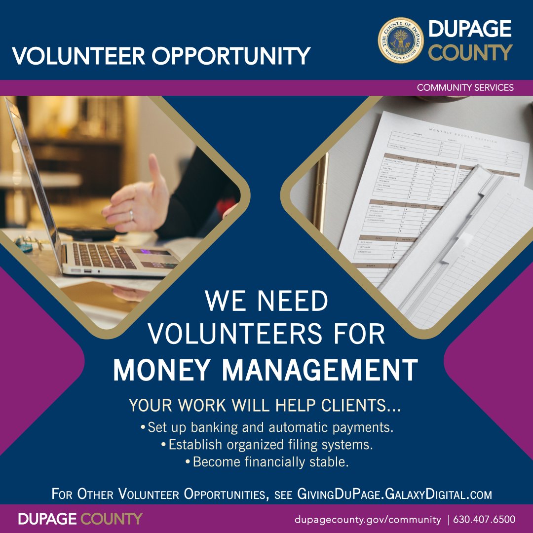 Help Wanted: 💁‍♀️Volunteers for our Money Management program. If you're interested in helping seniors🧓 with their budgeting, keeping organized, and bill paying for a few hours each month, email Christine.Evans@dupagecounty.gov to learn more.

#VolunteerOpportunity #MoneyMatters