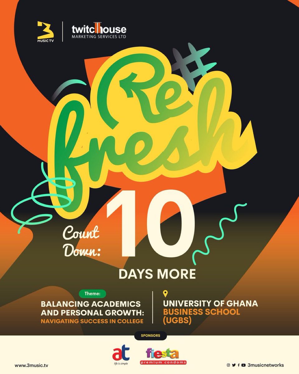 🚨: 10 Days away from 3Music Refresh, an event that’s going to help you balance thought, experience and action!

Get ready to Think, think and think again! 

Register here to ensure your inclusion - surveymonkey.com/r/GK3GH7S

#3MusicRefresh