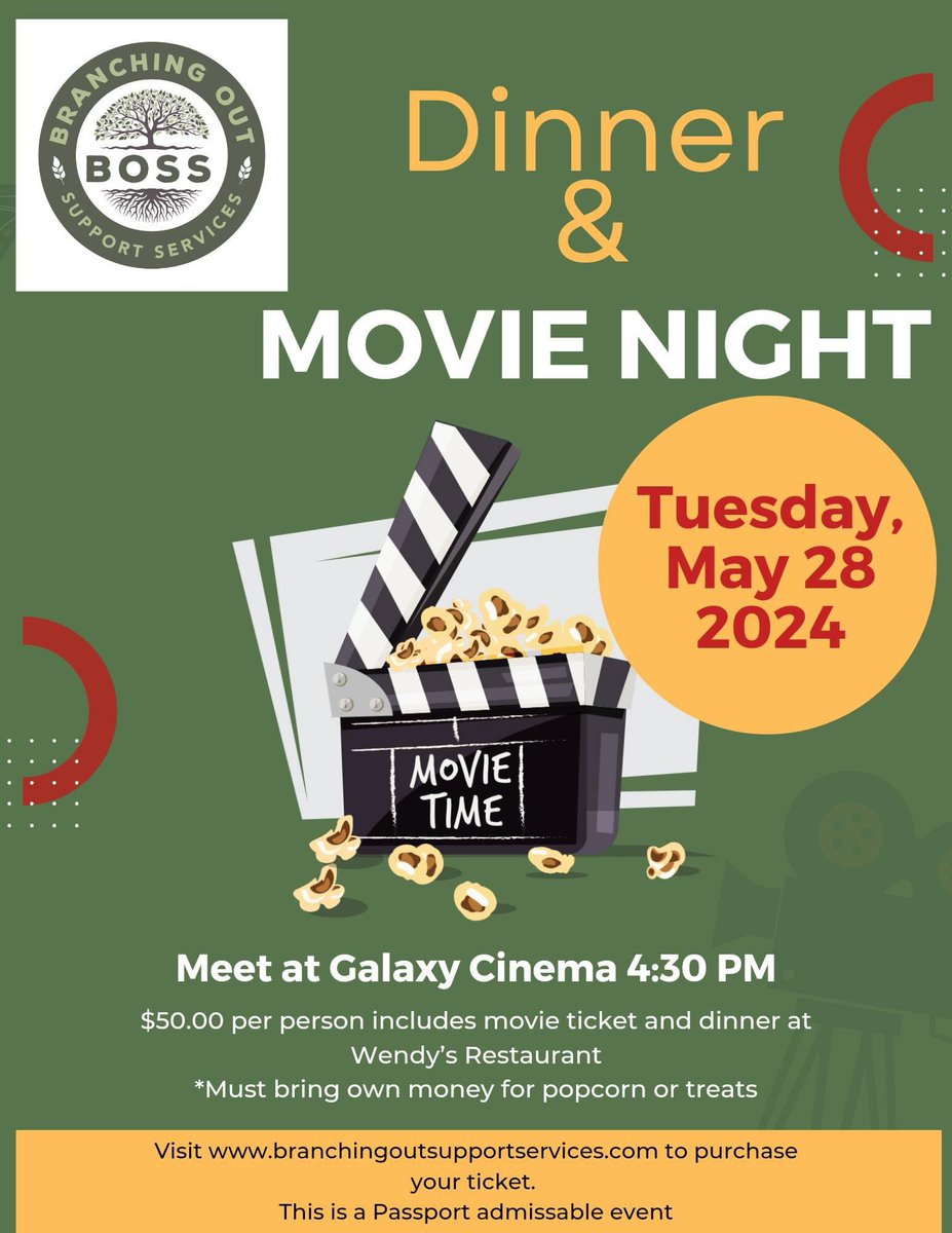 Back by Popular Demand!!
Dinner & Movie Night - Tuesday March 26th, 2024 🎥
Meet at Galaxy Cinema 4:30pm
$50 per person includes a movie ticket and dinner at Wendy's Restaurant.
Learn more / register now:
branchingoutsupportservices.ca/events/
#Orangeville #DufferinCounty #BOSSevents