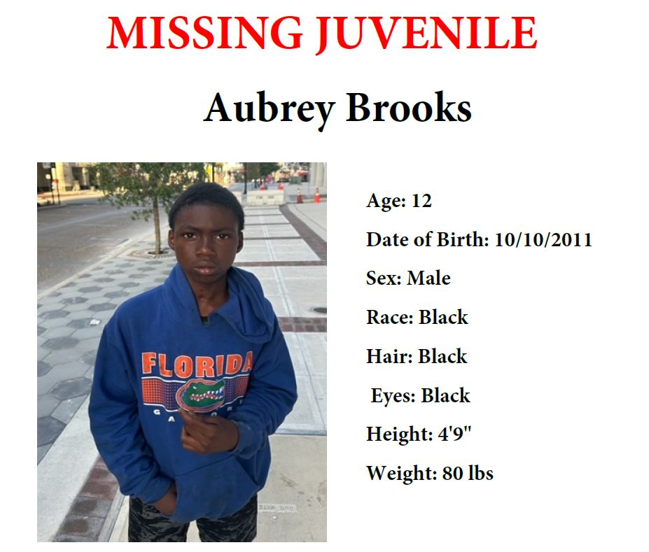MISSING JUVENILE: 12-year-old Aubrey Brooks was last seen around 8 a.m. yesterday (Wednesday, May 8) in the area of Cleveland Street in Apopka. He was wearing a dark shirt and black shorts.

Aubrey has a history of running away from home, but there is concern for his well-being