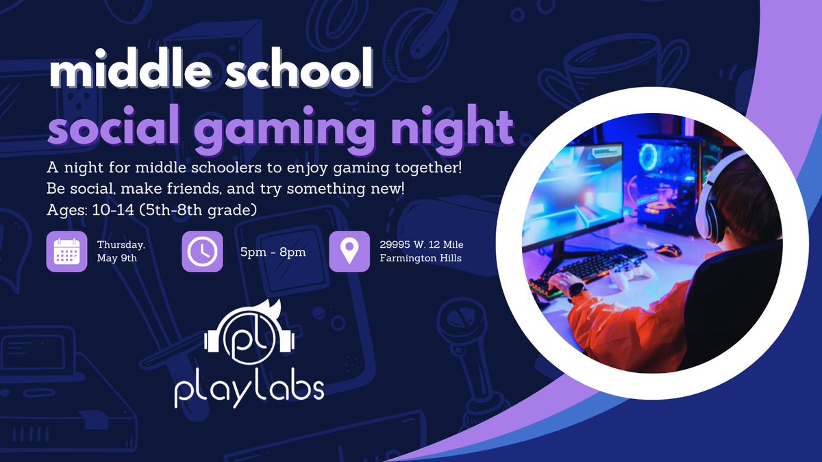 It's a Social Gaming Night at the lab! Tonight, playlabs welcomes middle schoolers to come in, play some games, and make some new friends! Book in advance, and get an hour of play for FREE!

Details and registration: tinyurl.com/bddwn8jk