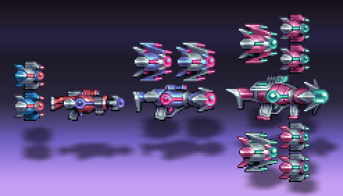 More resprites courtesy of <a href="/HeartAndUp/">Heart Plus Up!</a>, this time it's the Wingman weapon line!

Note: the weapon on the far right, Omega, is for her Calamity add-on Catalyst (which you should play!!)