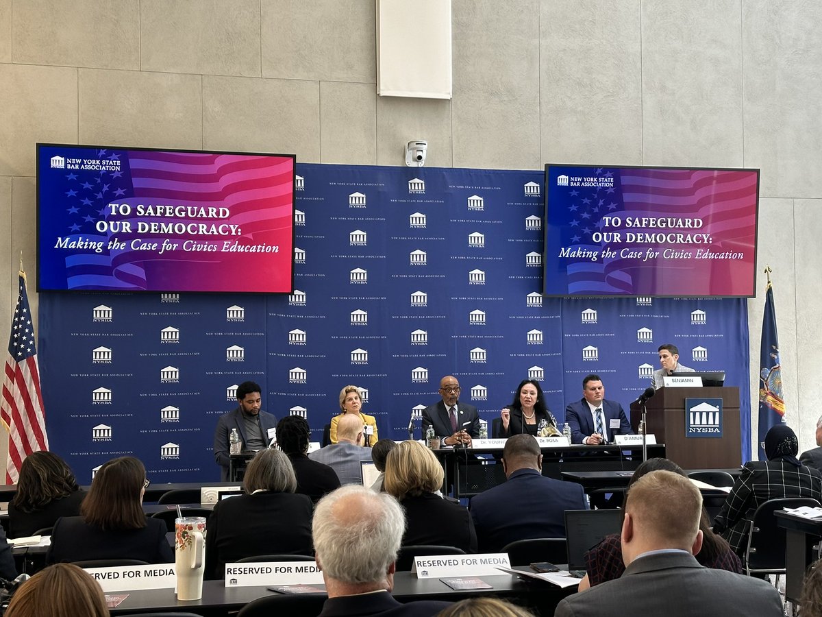 Today’s @NYSBA conference, “To Safeguard our Democracy: Making the Case for Civics Education,” has been outstanding. Panels included @NYSEDNEWS Commissioner Rosa, Chancellor Young, @ProfJonCollins, @ShelleyBMayer and amazing educators like Nicholas D’Amuro and Justin Hubbard. We…