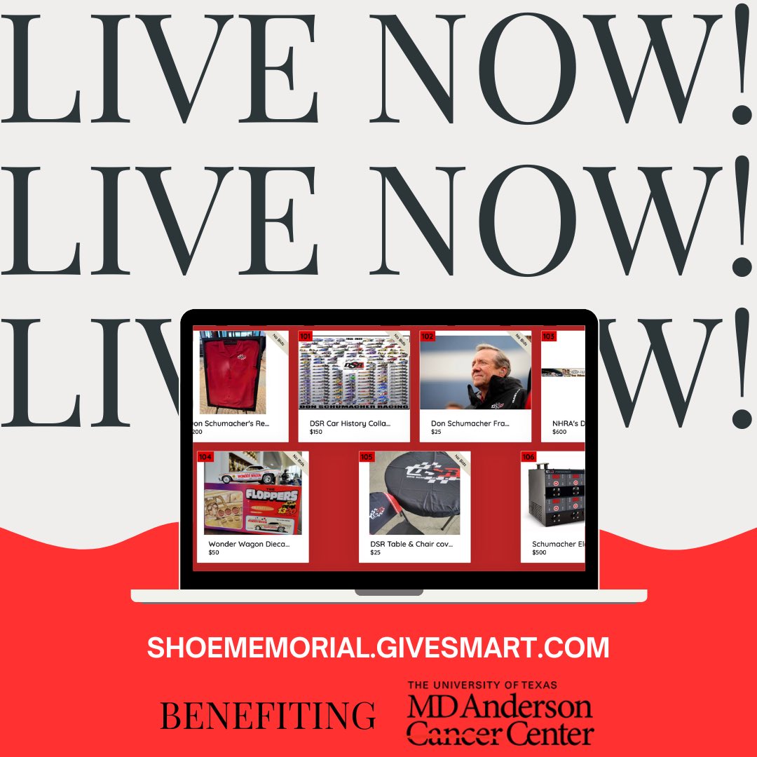 Join us in honoring Don Schumacher’s legacy & supporting a great cause! The memorial auction benefiting @MDAndersonNews is LIVE! 𝙋𝙇𝘼𝘾𝙀 𝙔𝙊𝙐𝙍 𝘽𝙄𝘿𝙎 𝘼𝙉𝘿 𝘿𝙊𝙉𝘼𝙏𝙀 𝙉𝙊𝙒! ➡️ 🔗 shoememorial.givesmart.com *Items are available to see in person @ the #Route66Nats*