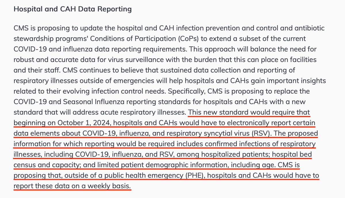 Last week, the requirement for US hospitals to report key COVID data to the federal government ended. But there's a proposed HHS/CMS rule that would change this, and require hospitals to report key COVID, flu, and RSV hospitalization data *outside* of public health emergencies.