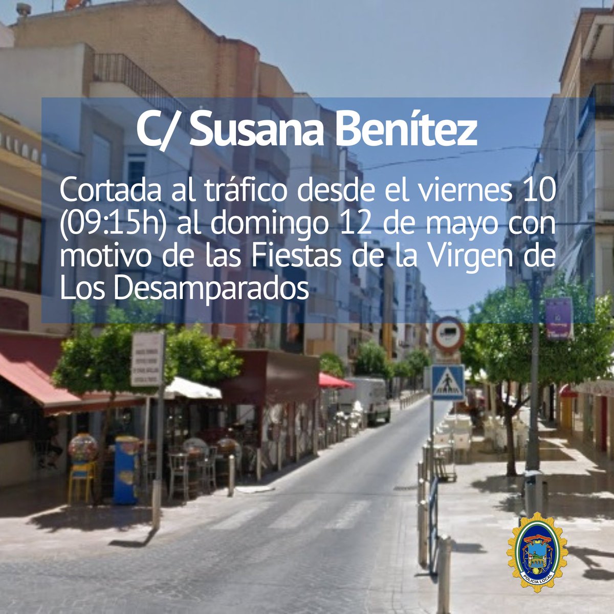 ⚠️C/ Susana Benítez ⚠️
𝗖𝗼𝗿𝘁𝗮𝗱𝗮 𝗮𝗹 𝘁𝗿𝗮́𝗳𝗶𝗰𝗼, con motivo de las fiestas de la Virgen de los Desamparados.

📆Desde el viernes 10 de mayo, a partir de las 09:15h., hasta el domingo 12 de mayo.