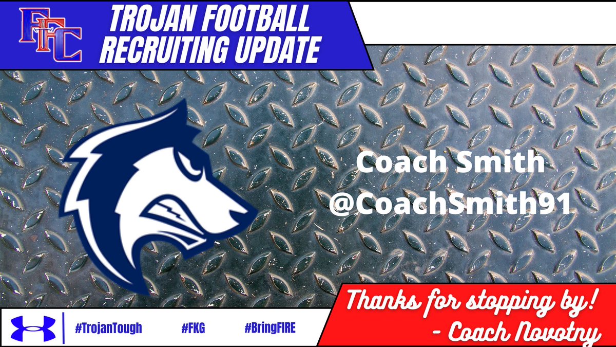 Coach_JNovotny's tweet photo. Always great to see @CoachSmith91 of @CSUPFootball in Trojan Town! Thanks for coming by this week to talk about our FFC Football Players. @ffchsfootball @ffcstrength @FFC8schools 

#TrojanTough 💪💪💪
#BringFIRE 🔥🔥🔥
#FKG 🔵⚪️🔴🛡️⚔️ https://t.co/VnrsFXq1rT