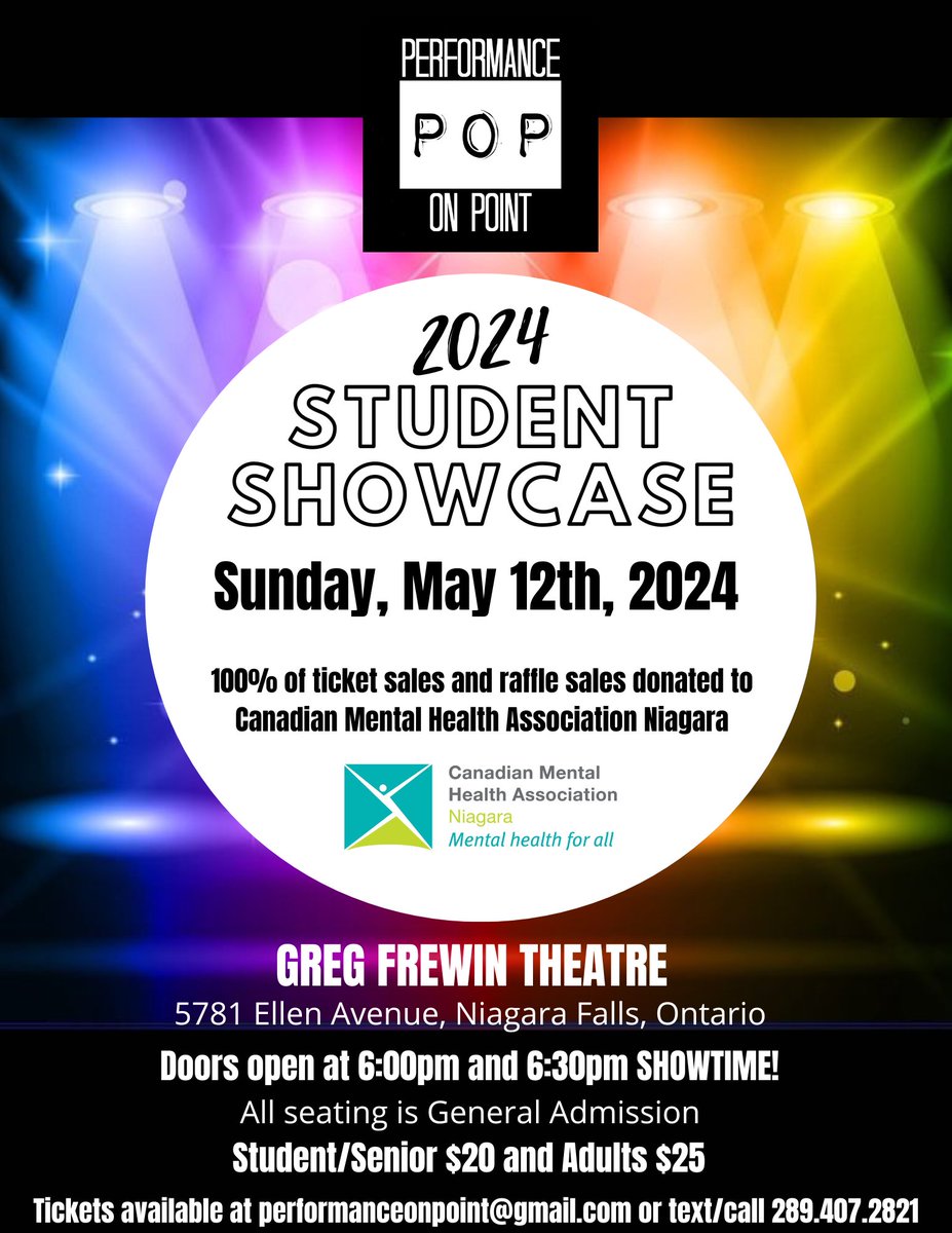 Announcing Performance On Point’s 2024 Student Showcase on Sunday, May 12th @gregfrewintheatre with 100% of seat and raffle sales donated to CMHA Niagara. Get your tickets by email, direct message or call/text 289.407.2821. @performanceonpoint @tenjahagenberg