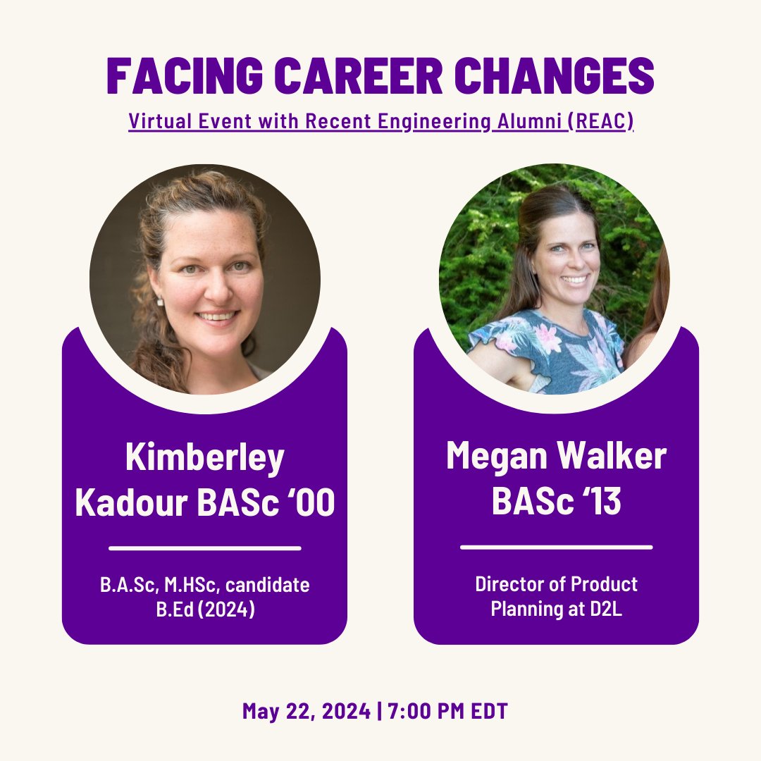 WaterlooENG's tweet image. Join #WaterlooEngineering Alumni Kimberley Kadour (BASc ‘00) and Megan Walker (BASc ‘13) as they share their experiences exploring different professional career paths in this virtual Recent Engineering Alumni Council (REAC) event on May 22. 

Register now: imodules.uwaterloo.ca/s/1802/21/form…