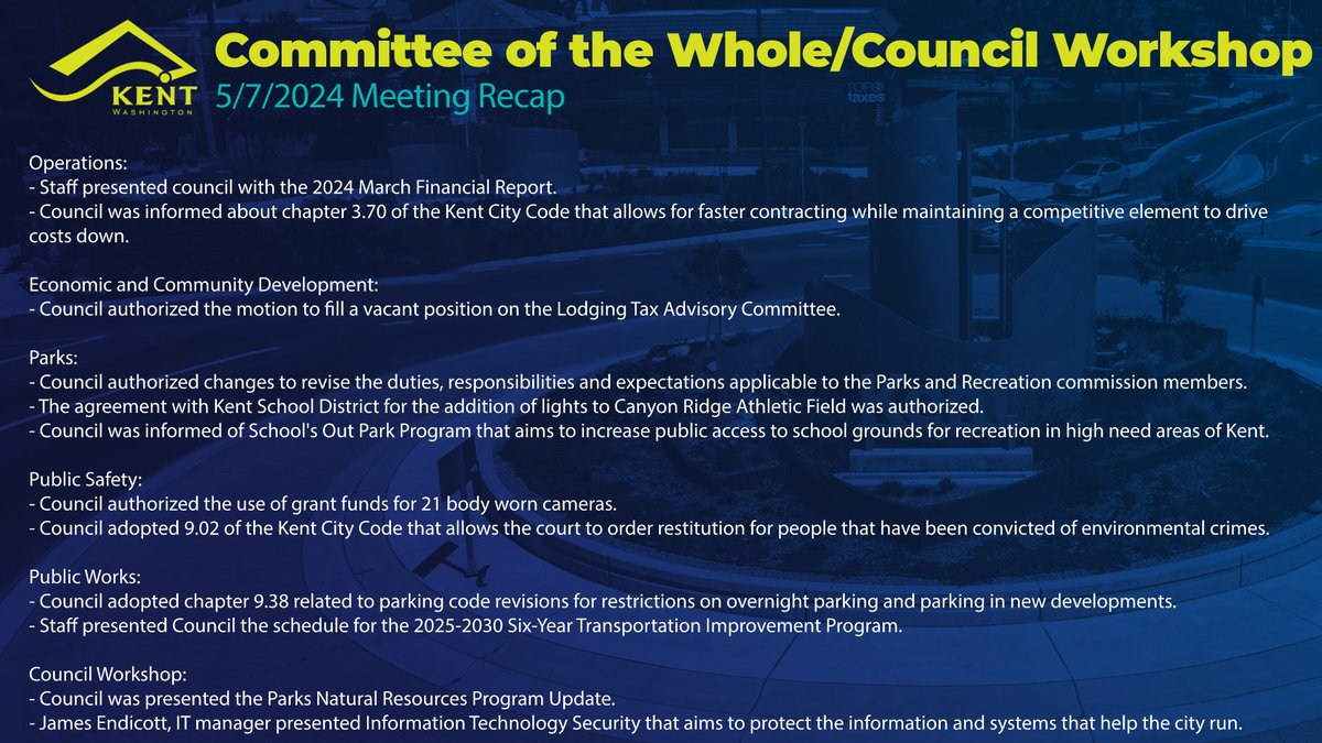 Here's the recap on the Kent City Council meetings from last week! As a reminder, you can view meeting agendas, minutes, and livestream recordings at bit.ly/40utn1m.