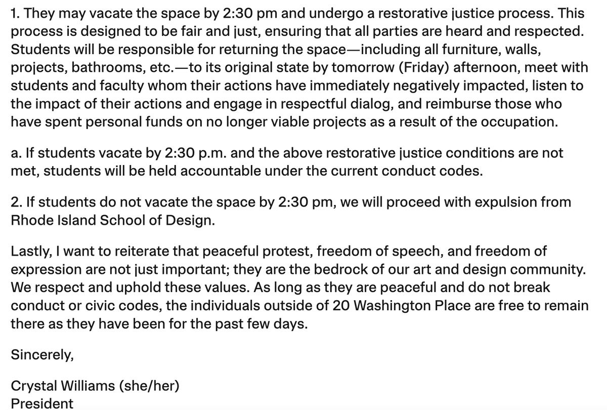 Absolutely perfect — @risd President Crystal Williams orders students protesting genocide to abandon their encampment and submit to a 'restorative justice process' or face immediate expulsion