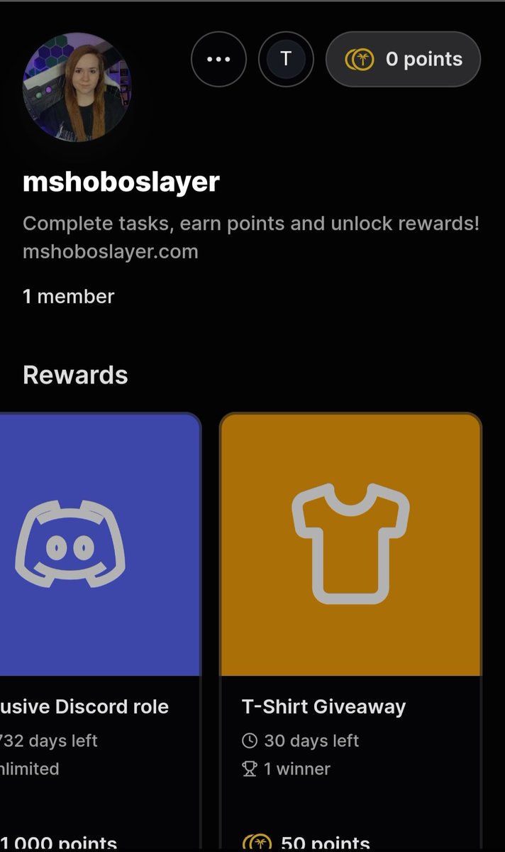Got something exciting to share: you can now earn points for giveaways and prizes on my <a href="/TropeeHQ/">Tropee</a>! Complete tasks and redeem for giveaways, prizes, Discord roles, and more!

Current giveaway is for a merch shirt of your choice from my merch store 😁

tropee.com/mshoboslayer