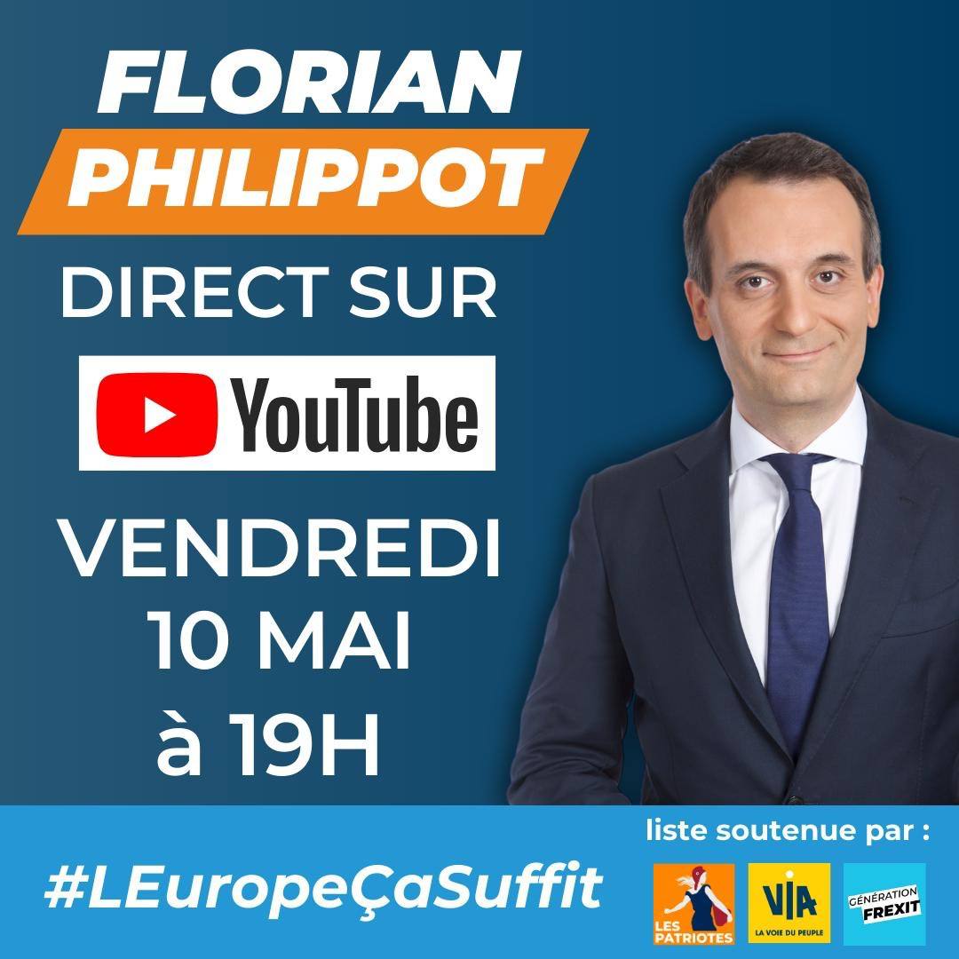 Ce vendredi 10/05 19h Florian Philippot répond à toutes vos questions en direct sur sa chaîne YouTube !

Les européennes, la situation en France et dans le monde : zéro tabou !

Soyez au rdv ! 🇫🇷

➡️ Lien chaîne : youtube.com/@florianphilip…