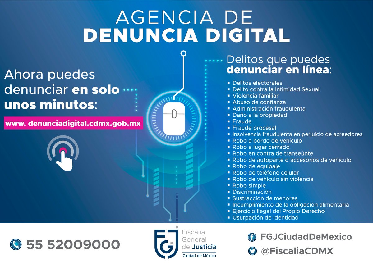 En coordinación con la @LaAgenciaCDMX, se implementó una plataforma ágil, rápida e intuitiva, donde puedes denunciar un amplio catálogo de delitos en: denunciadigital.cdmx.gob.mx