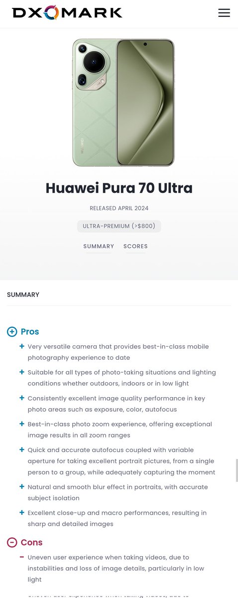 The #HuaweiPura70Ultra has destroyed the competitors in the new @DXOMARK review.
The lastest #Huawei smartphone is the best camera phone to date!

dxomark.com/smartphones/Hu…