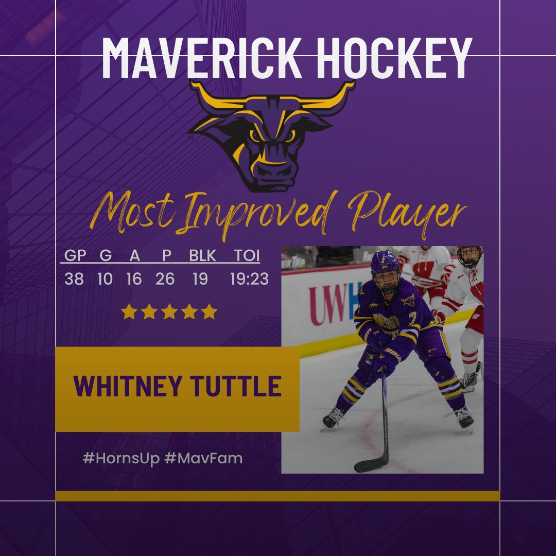 Congratulations to our 2023-24 Team Award Winners. Most Improved Player - @TuttleWhitney 22-23: 2G - 7A - 9P 23-24: 10G - 16A - 26P #HornsUp #MavFam