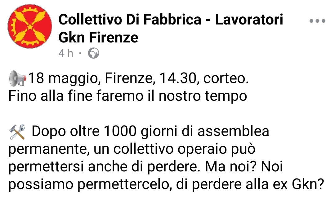 Laura_Bennati's tweet photo. 🥁📢#Gkn #18maggio ore 14.30 tutt@ a #Firenze in #viaMariti con tutta la dignità in corpo.
Dopo #34mesi di #Assembleapermanente verso la #FabbricaPubblicaSocialmenteIntegrata per un #Interventopubblico qui e ora.
#Partecipiamo #Insorgiamo 💪💃 https://t.co/GYOlkDIJ7Z