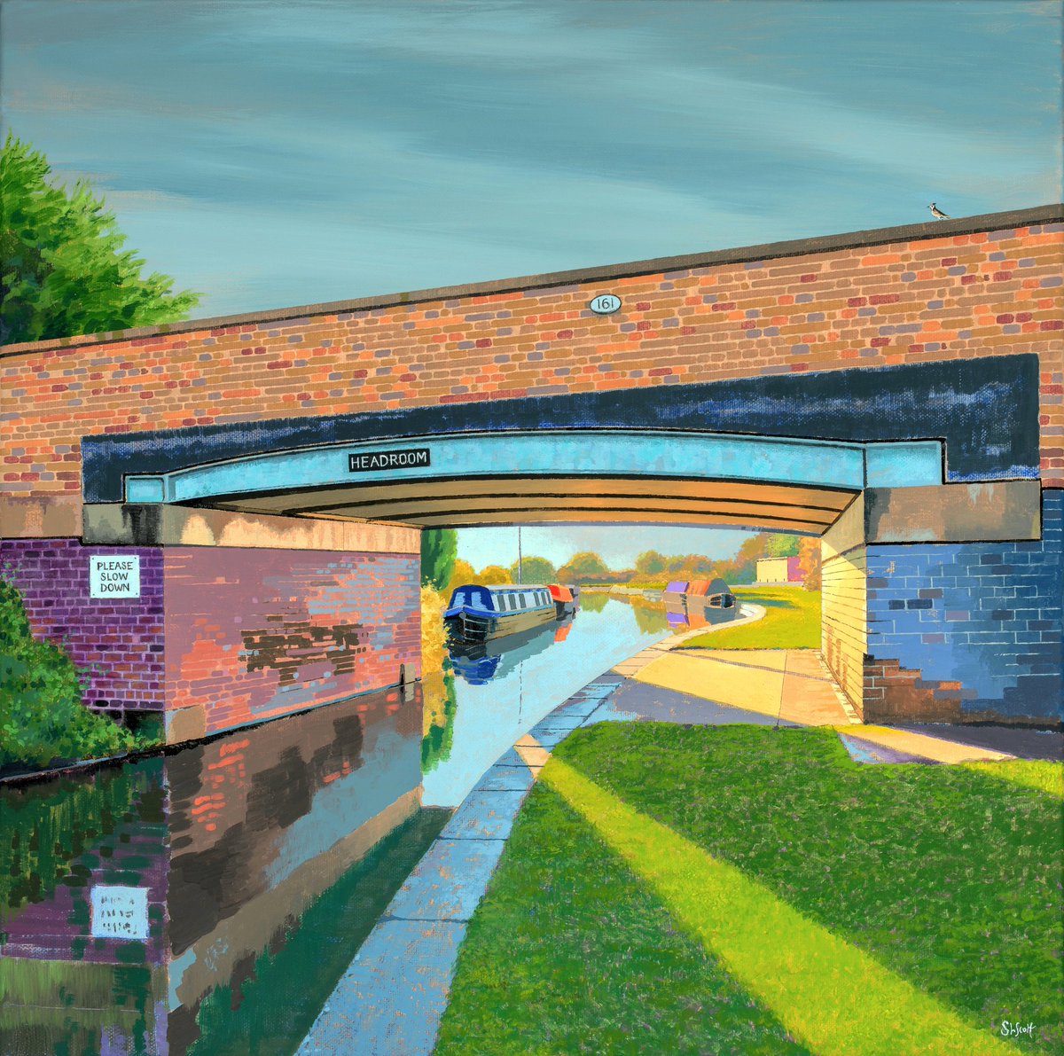HEADROOM Acrylic painting This new piece will be on display ready for the opening of Drift Art Gallery, Nantwich #Cheshire The signage on the canal bridge speaks for itself, & it reminded me whilst I was painting it, to stop thinking and just paint! #cheshirelife #artgallery